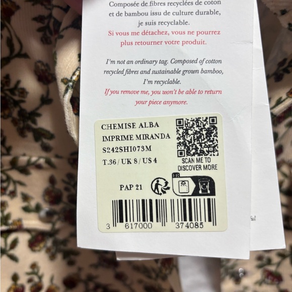 NWT Sezane Alba Miranda Ecru Print Corduroy  Button Down Shirt - Picture 3 of 3